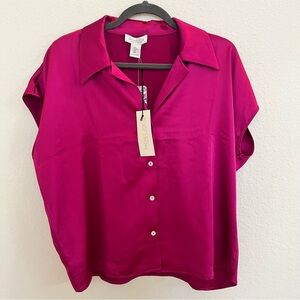 Fuchsia Button Down Blouse Bold Color Chic Workwear Elevated Casual Top